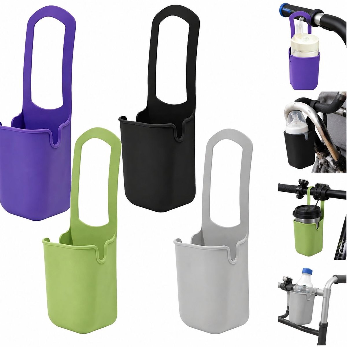 VHV - Siliconen bekerhouder set van 4 - Universele flessenhouder voor fiets, rolstoel, scooter en kinderwagen - Meerkleurig