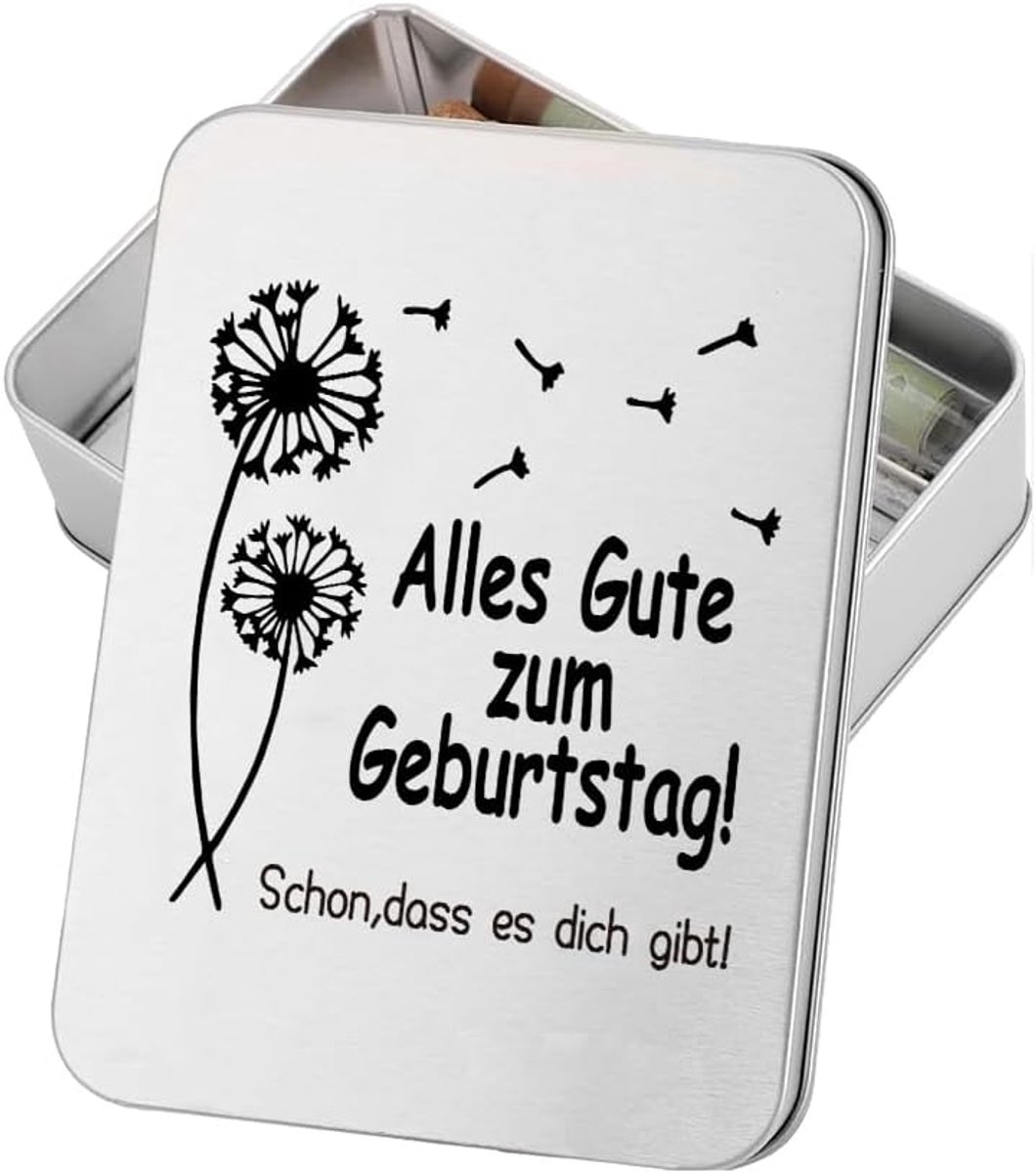 Geschenkverpakking wensvuller verjaardag geschenkdoos met paardenbloemenmotief, 'Happy Birthday' gravure - ShopVlot