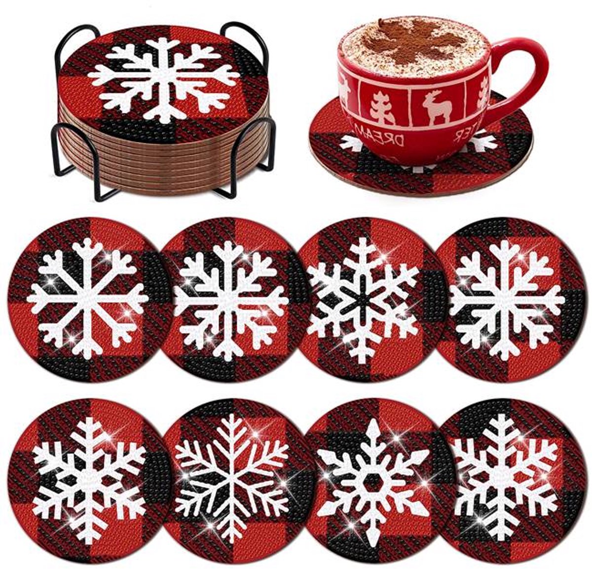 YYchan DIY Diamond Painting Onderzetters Set - 8 Stuks met Houder - Handgemaakt & Hittebestendig - Pakket Volwassenen en Kinderen - Sneeuwvlokjes