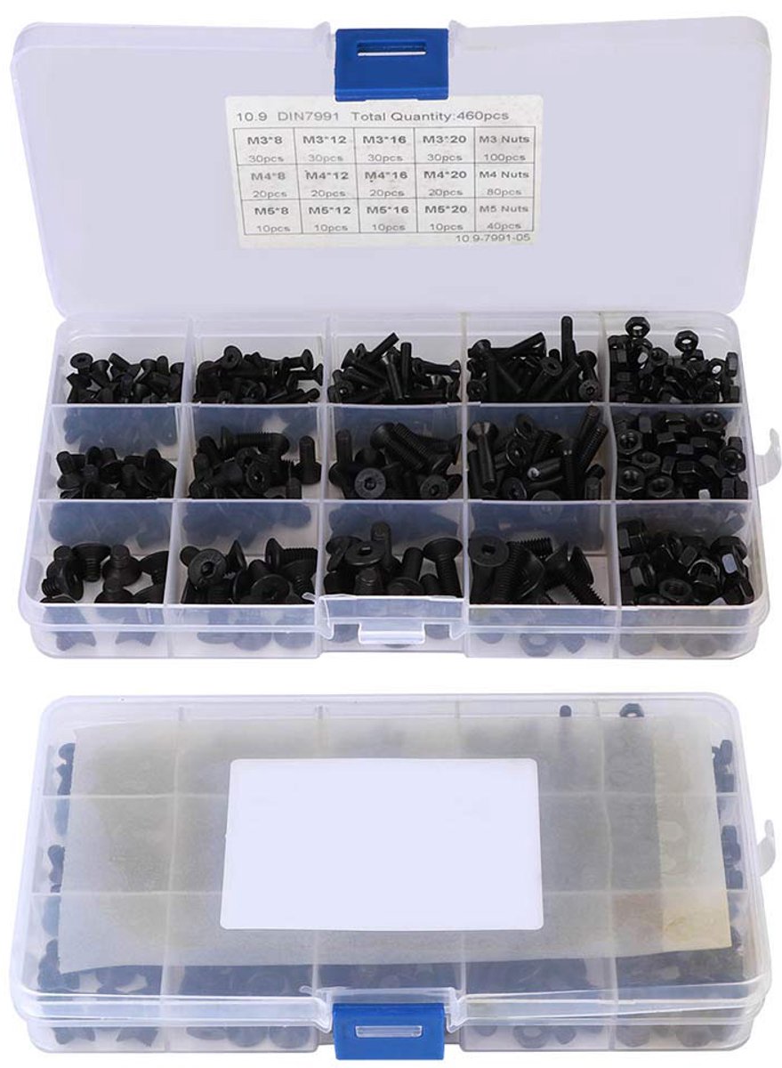 SnelShoppen - Flat Screws Set 460 Stuks - Zwarte Hex Kop Schroeven Assortiment - M3 M4 M5 - Carbon Staal - Ideaal voor Klussen en Installaties
