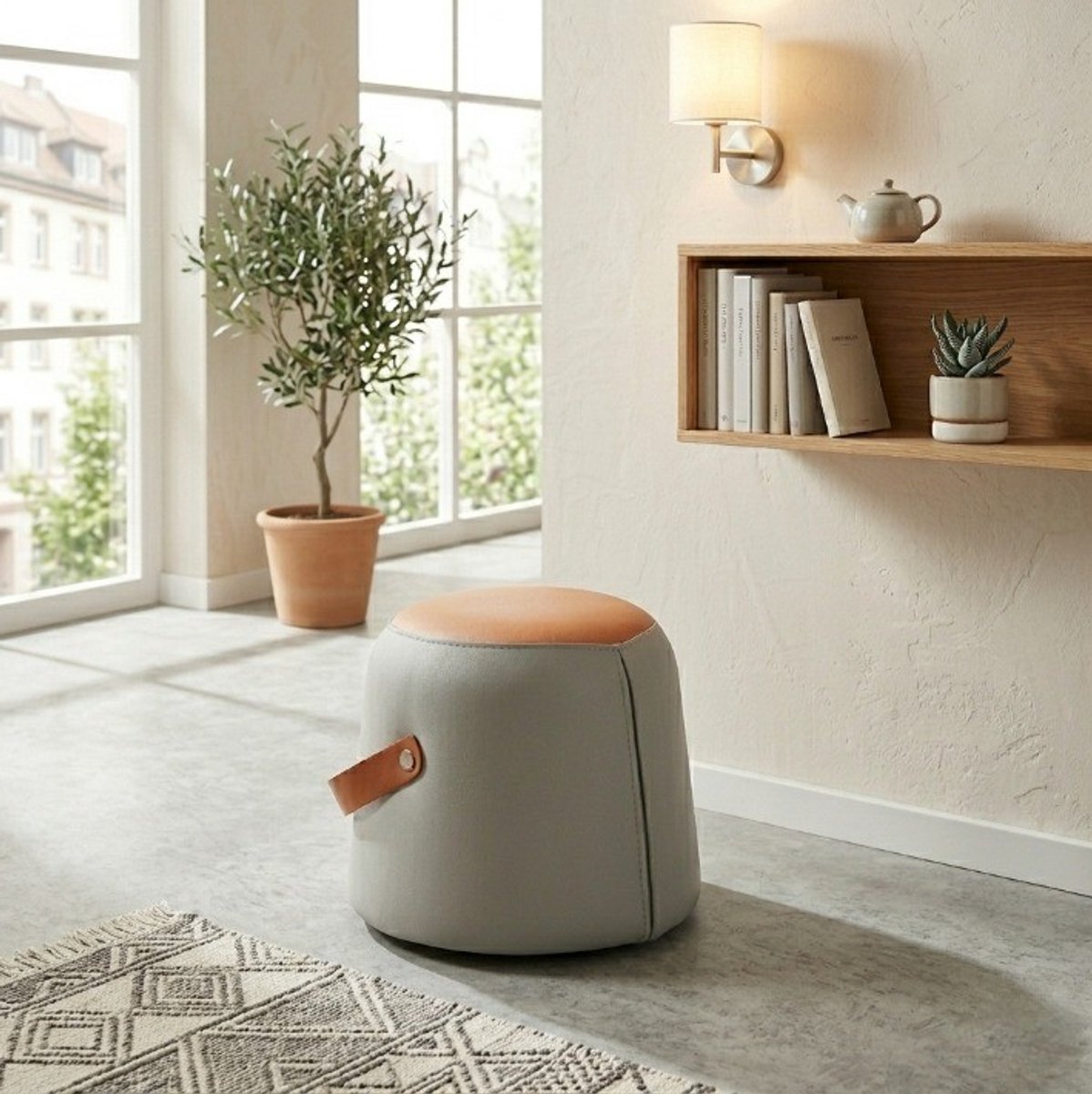 MIVRAY Voetenbankje Rond 29 Cm - Gepolsterd Met PU Leer En Handgreep - Voor Woonkamer En Slaapkamer - Kunstleer - Grijs Oranje