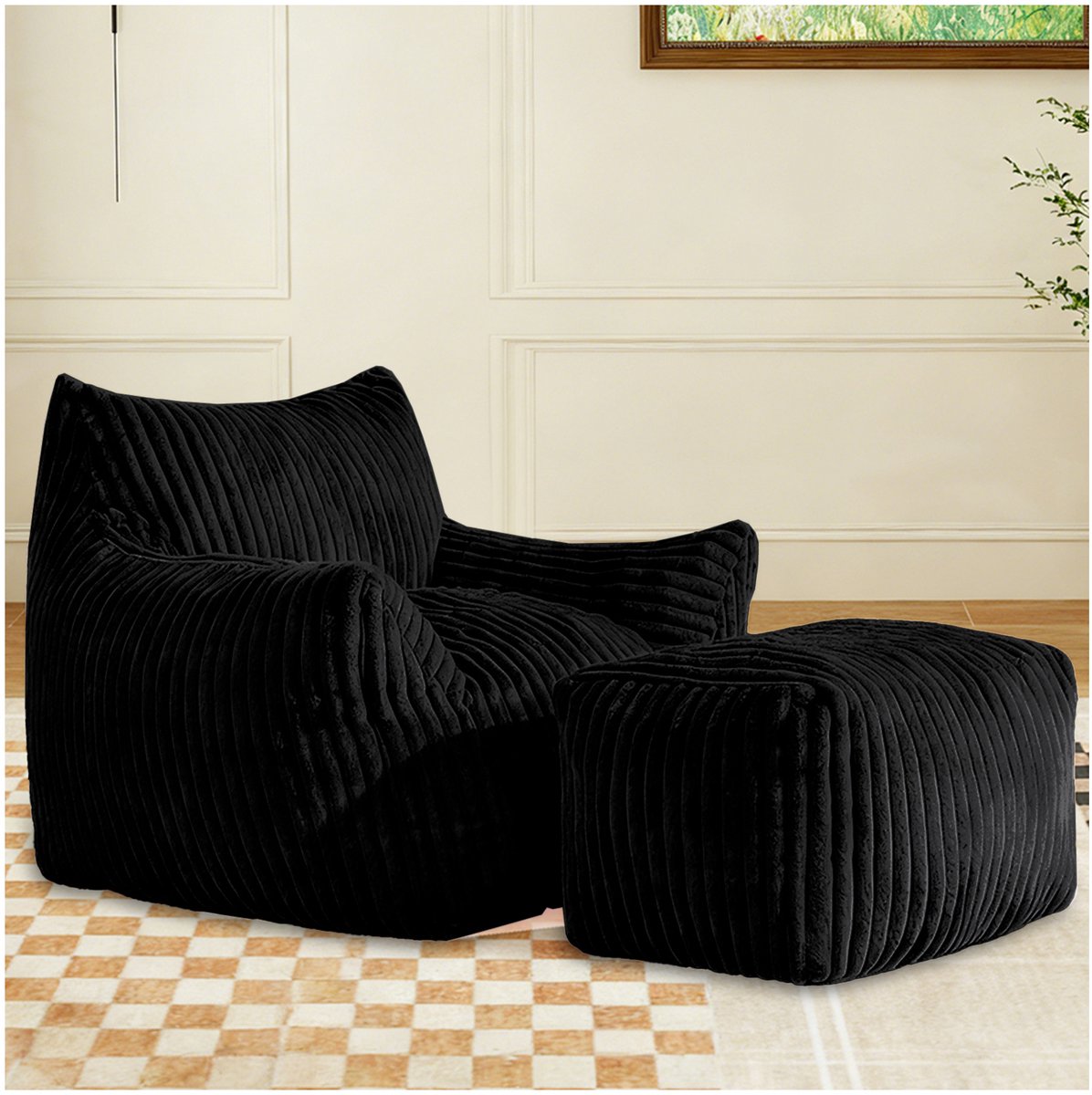 REDOM - Zitzak met ottoman - 5-zone ergonomische ondersteuning - Met rugleuning - Ribstof - Woonkamer - Stof - Zwart - 103 x 90 x 70 cm