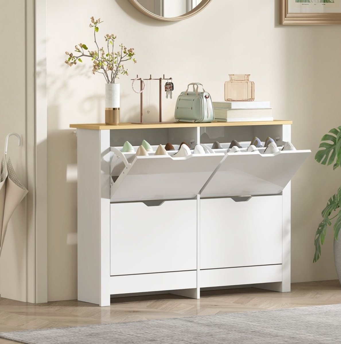 FloraGrace Schoenenkast Smal Met 4 Klapvakken Voor 8 Tot 16 Paar Schoenen Voor Hal En Slaapkamer Hout Wit Naturel 105x26x80 Cm