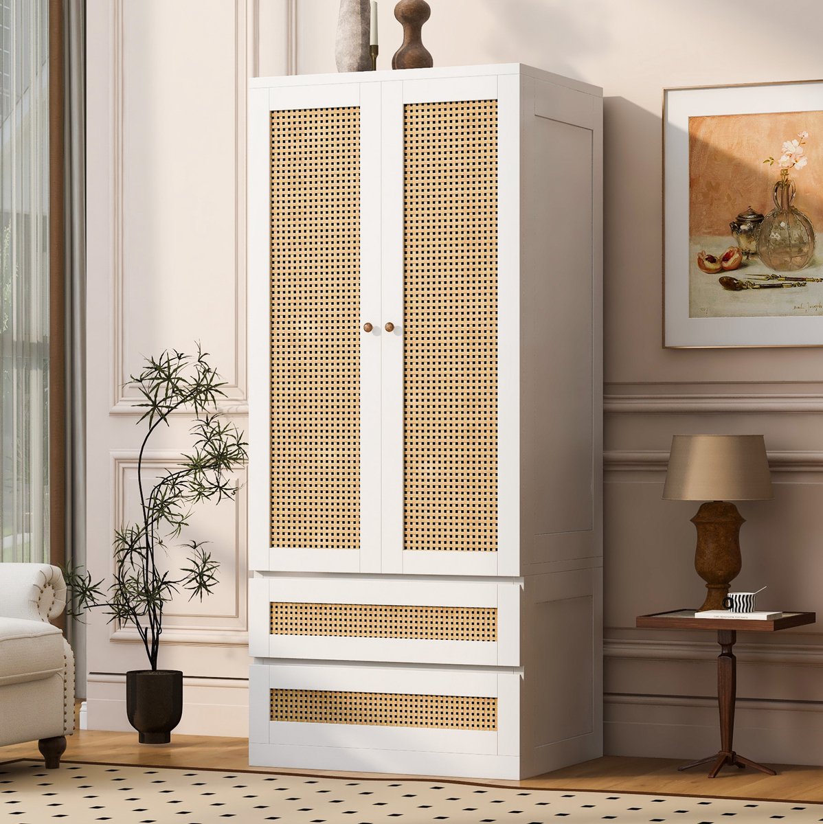 FloraGrace Kledingkast - Dubbeldeur Met 2 Lades En Rattanlook - Voor Slaapkamer En Kleedruimte - Hout Metaal MDF - Wit - 70x55x170 Cm
