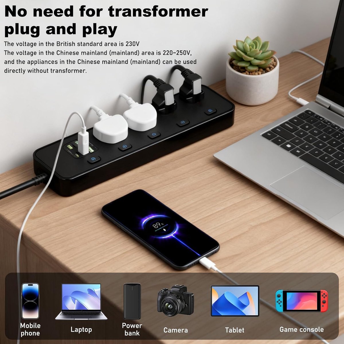 Verlengsnoer met USB - 4-voudige stekkerdoos - 4 USB-C poorten en 2 USB poorten - Ideaal voor meerdere apparaten - ShopVlot