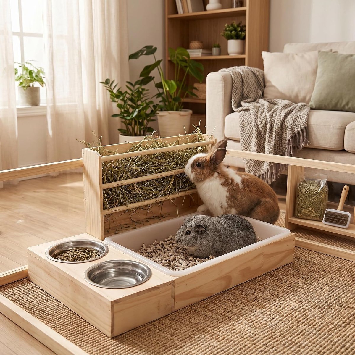 SnelShoppen - 3 in 1 Konijnen Hooipozer met Kattenbak en 2 Voedselkommen - Compact Hooi Rek voor Cavia, Chinchilla, Bunny en Hamsters - Dierenvoeding
