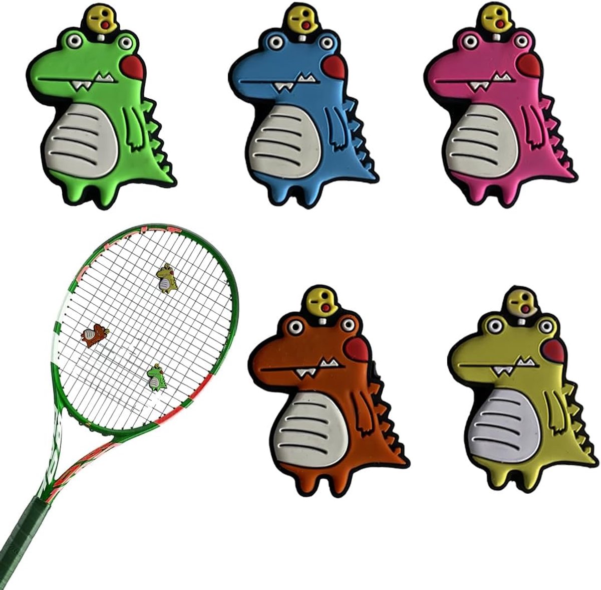 SnelShoppen - 5 Silicone Dempers voor Tennisrackets, Schattige Dinosaurus Vorm, Geschikt voor Tennis, Multifunctionele Tennisdempers, Vrolijke Kleuren