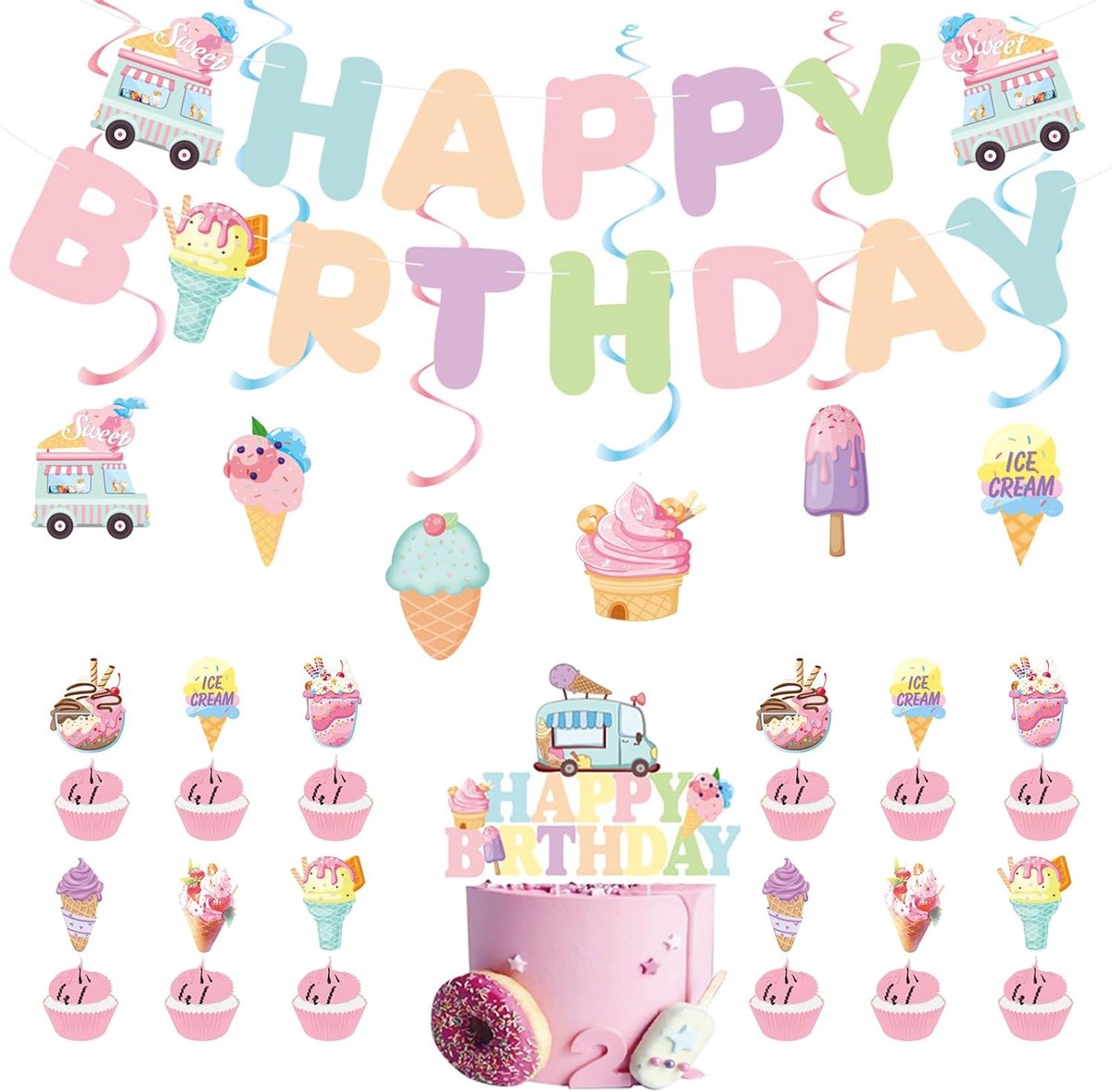 Verjaardagsdecoratie set - 20-delige ijsroom thema - Happy Birthday slinger - Onvergetelijke feestervaring - ShopVlot