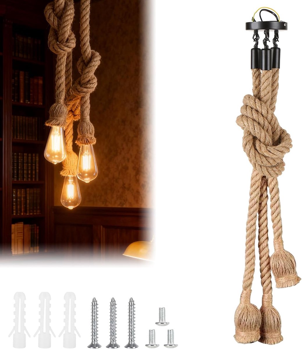 SnelShoppen - Retro Henneptouw Industrieel Kroonluchter - Hanglamp Kit met E27 Lampfittingen - 100 cm Vintage Lampkabel - Hanglamp Henneptouw - 3 Kopp