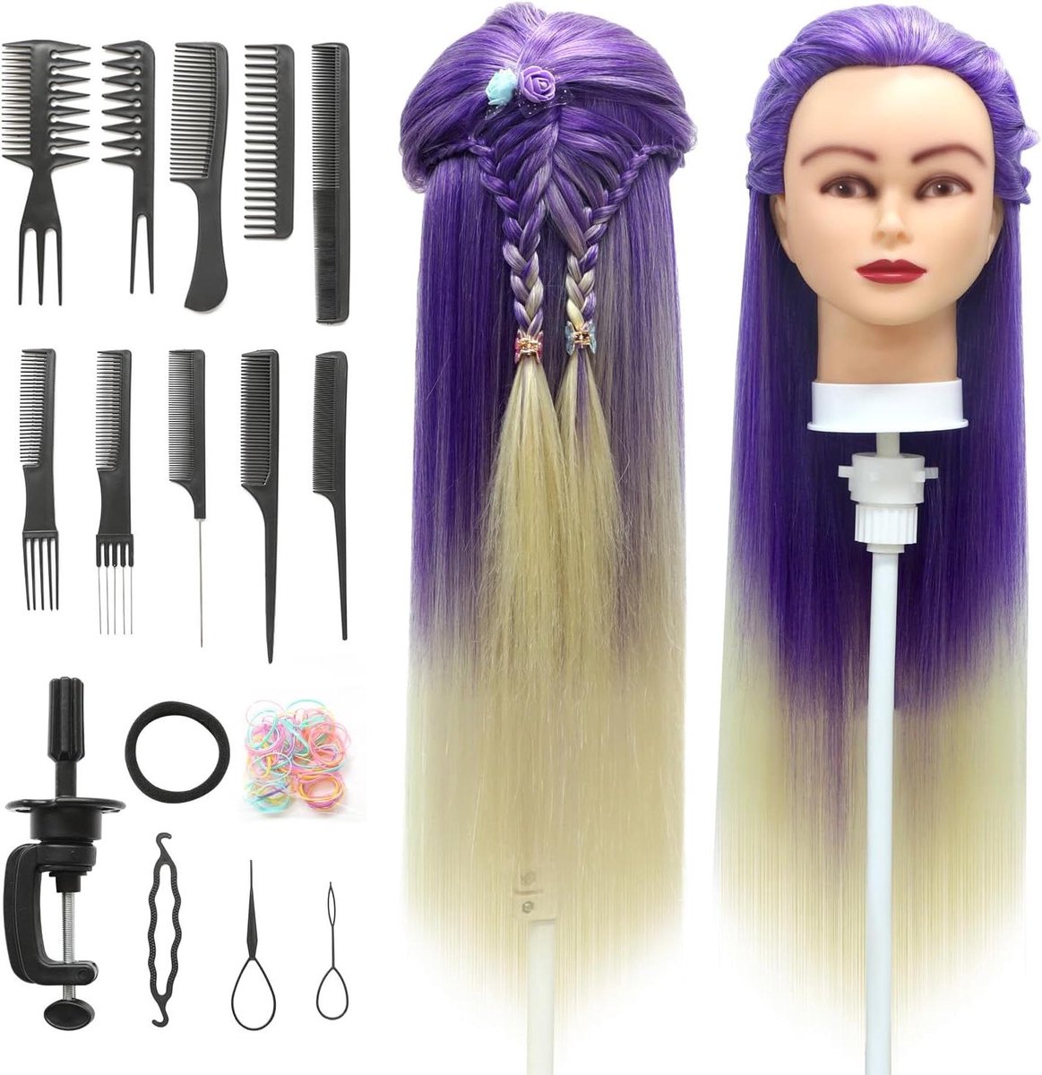 Trainingshoofd Synthetisch - Kappershoofd Oefenen - Haar Styling Leren - Inclusief Klem & Set - 28 inch Haar - Paars Wit