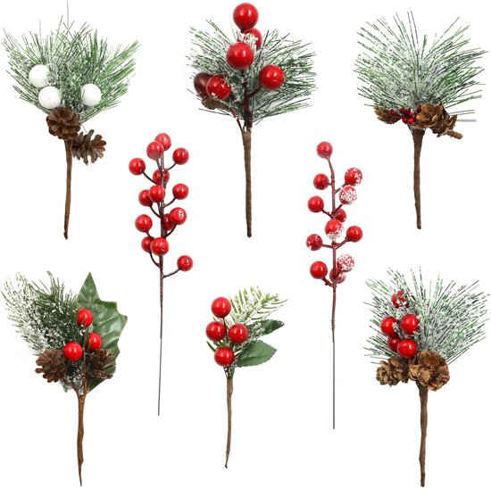SnelShoppen - 8 Stuks Kerst Picks Kunstmatige Rode Bessen Takken Dennentakjes Dennenappels Hulst Tak Winter Bloem Picks Sneeuw voor Kerstboom DIY Amba