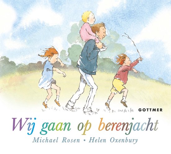 Boekcover: een vader met kind op zijn nek, en twee kinderen rennen ernaast. "Wij gaan op berenjacht".