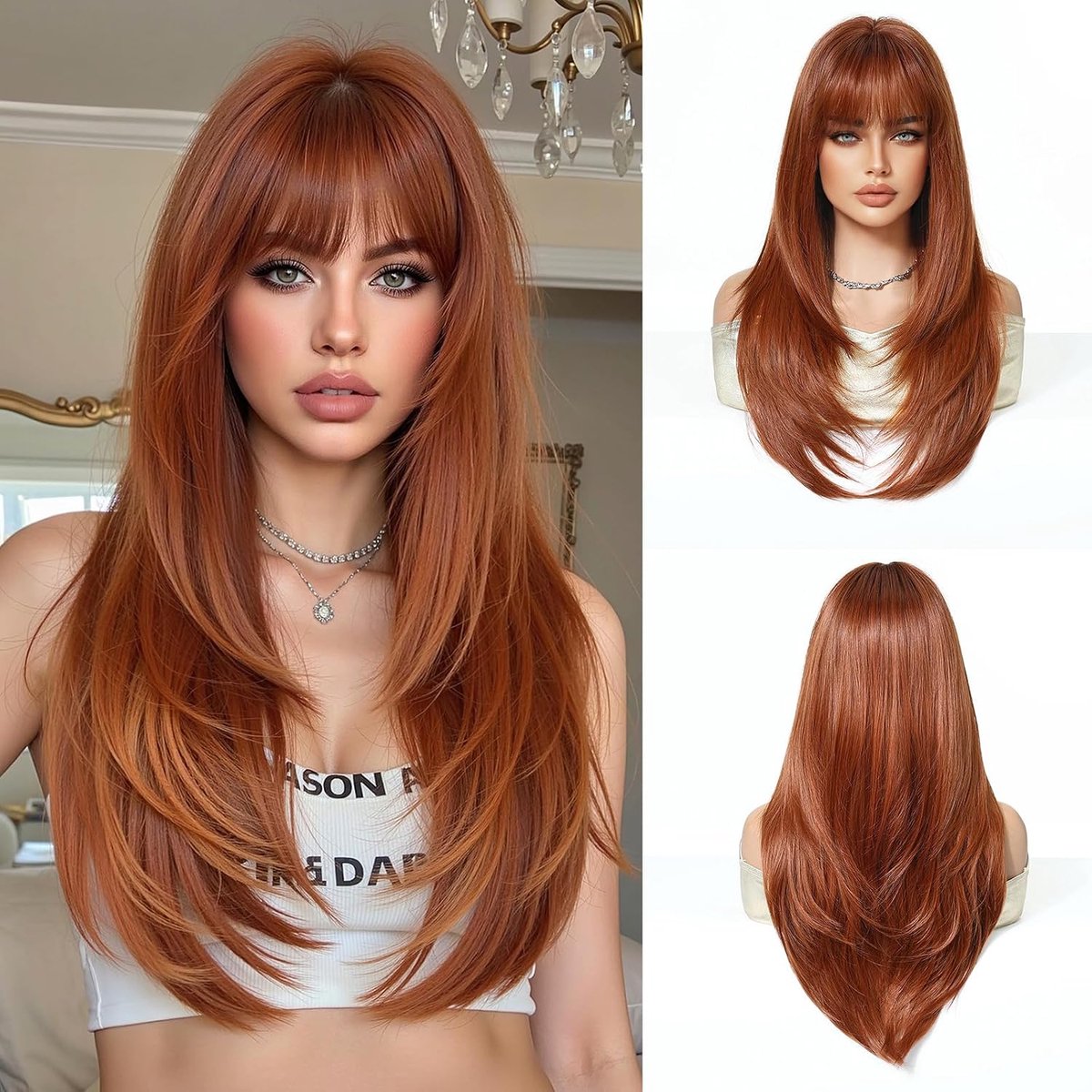 SnelShoppen - Esmee Lange Rechte Maroon Peruc met Frisuur voor Vrouwen - Natuurlijke Synthetische Haarperuc voor Dagelijks Gebruik, Feesten en Cosplay