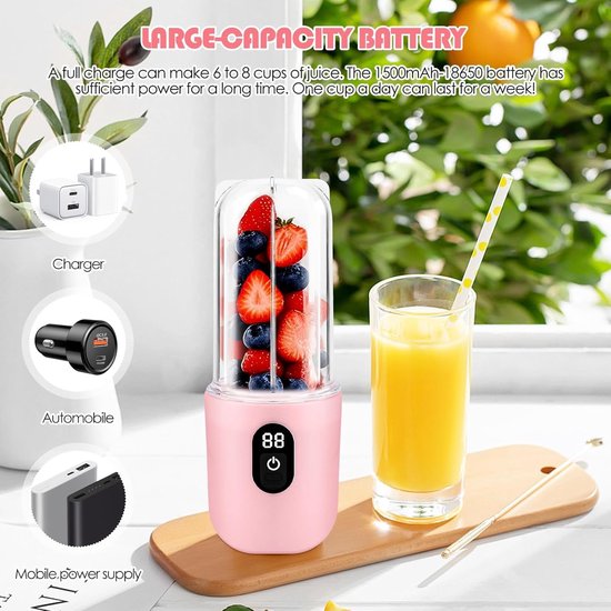 Draagbare Mixer - Elektrische Citruspers - Onderweg Smoothies - Digitaal Display - 500 ml - Roze — afbeelding 4