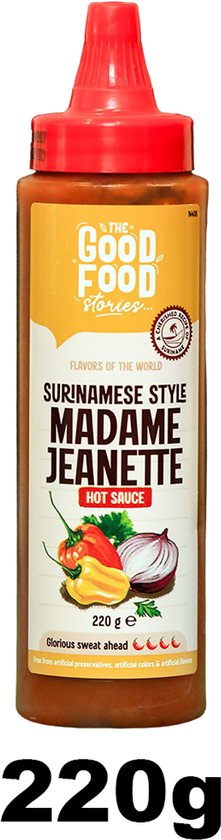 Surinaamse Madame Jeanette hot sauce met rode dop, met Madame Jeanette pepers, ui en paprika op het etiket.