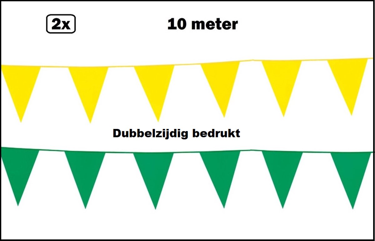 2x Vlaggenlijn dubbelzijdig groen en geel 1000cm - Kleur dubbelzijdig geprint - Vlaglijn festival feest party verjaardag thema feest