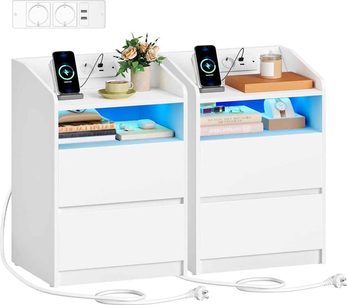 Hzuaneri Nachtkastjes (set van 2), bijzettafel met 2 lades, 2 stopcontacten, 2 USB-A-poorten, ledverlichting, open schap, modern, voor slaapkamer en woonkamer, 35 x 40 x 58 cm, wit