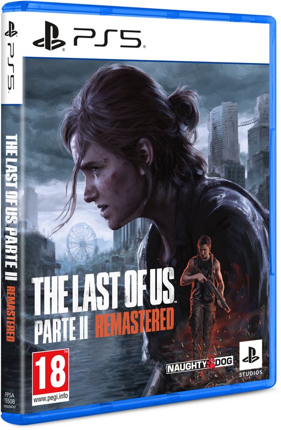 De cover van The Last of Us: Part II Remastered voor PS5, met Ellie op de voorgrond. Leeftijd 18.