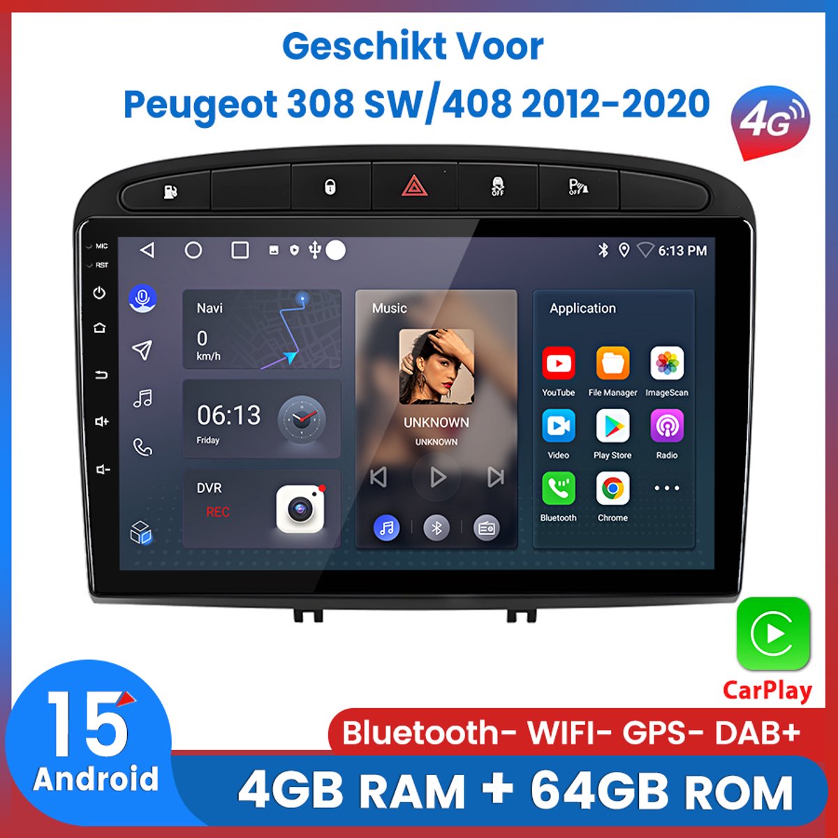 Awesafe 8-Core 4+64GB Autoradio - Geschikt Voor Peugeot 308 SW/408 2012 t/m 2020 - Draadloze Carplay Android Auto - Touchscreen - GPS Navigatie 4G WiFi - Bluetooth Radio - 2012 2013 2014 2015 2016 2017 2018 2019 2020