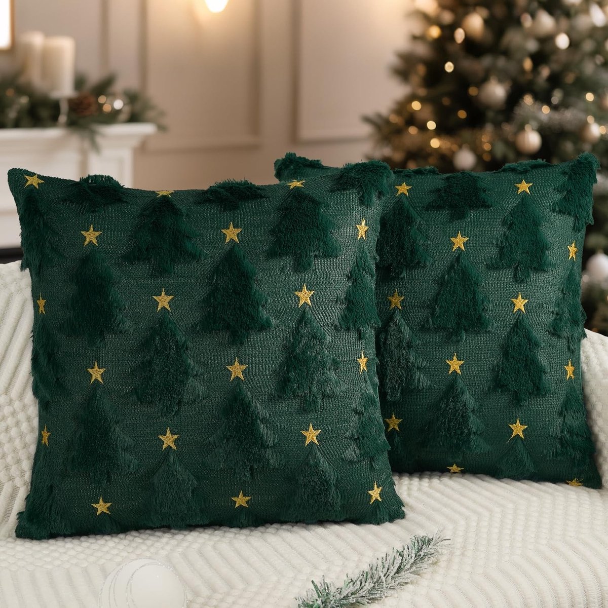Kerst Kussenhoezen 45x45cm Set van 2 Groene Kussenhoezen met Kerstboom en Ster, Zachte Pluche Neppels voor Feestelijke Winterdecoratie in Huis en op de Bank