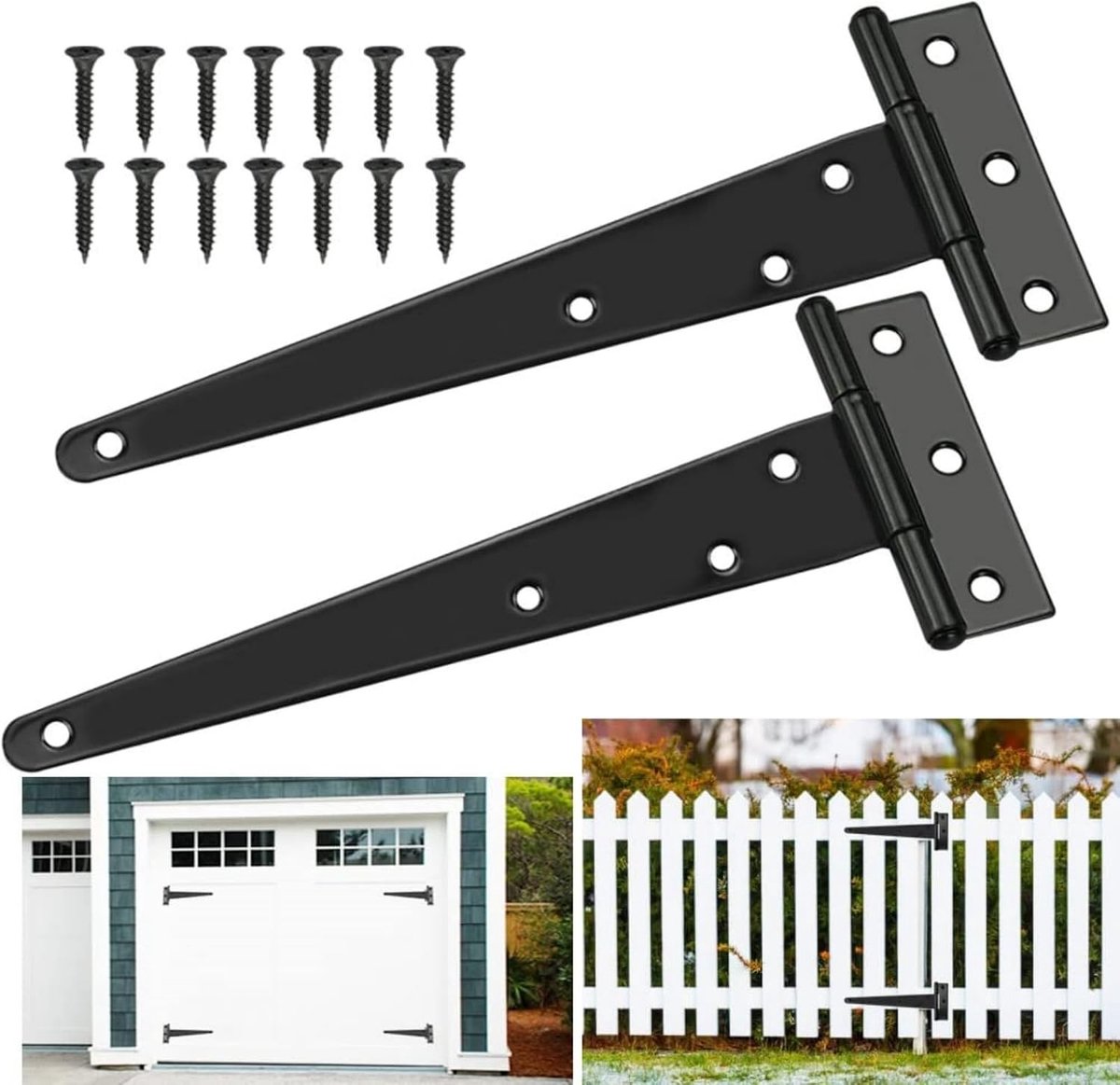 Set van 2 Zwarte Deurhengsels voor Buiten, 300mm, Tuinpoort Hardware, Poort Haken, Roestvrij Staal, Poedercoating, Duurzaam en Weerbestendig