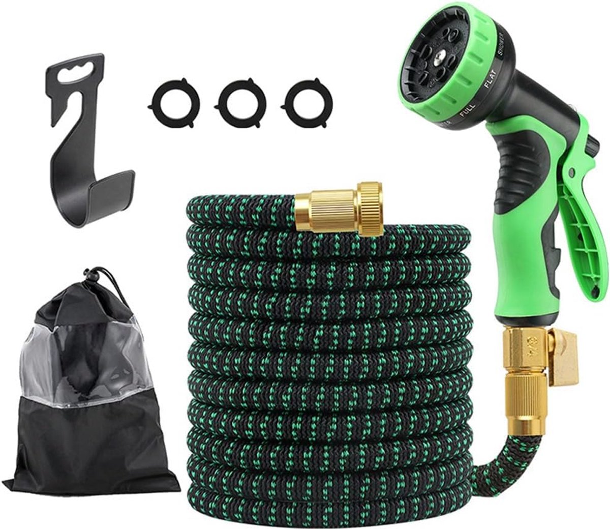 Tuinslang - Flexibele Tuinslang - 30 Meter - Uitrekbare Tuinslang - Knikvrij - met 3/4 Inch Messing Koppelingen & Triple Latex - met 10-Standen Spuitkop - Slanghouder & Opbergtas - voor Tuin Bewatering & Auto Wassen - Groen