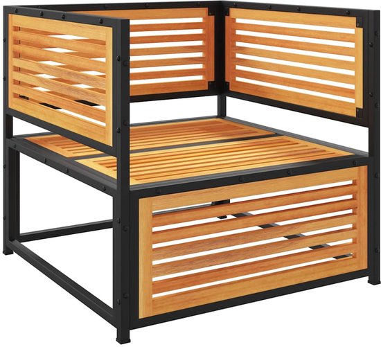 Modulaire hoekmodule voor tuinmeubilair met een zwart metalen frame en lamellen van acaciahout. Zonder kussens.