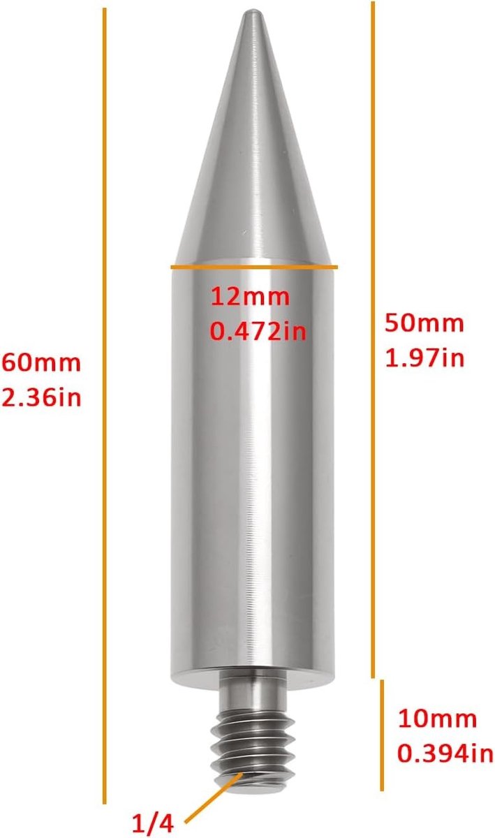 1/4" Mini Prism Pool Vervangende Sharp Point van RVS, Geschikt voor Leica en Trimble GMP111, 50mm Precisie Accessoire — afbeelding 3