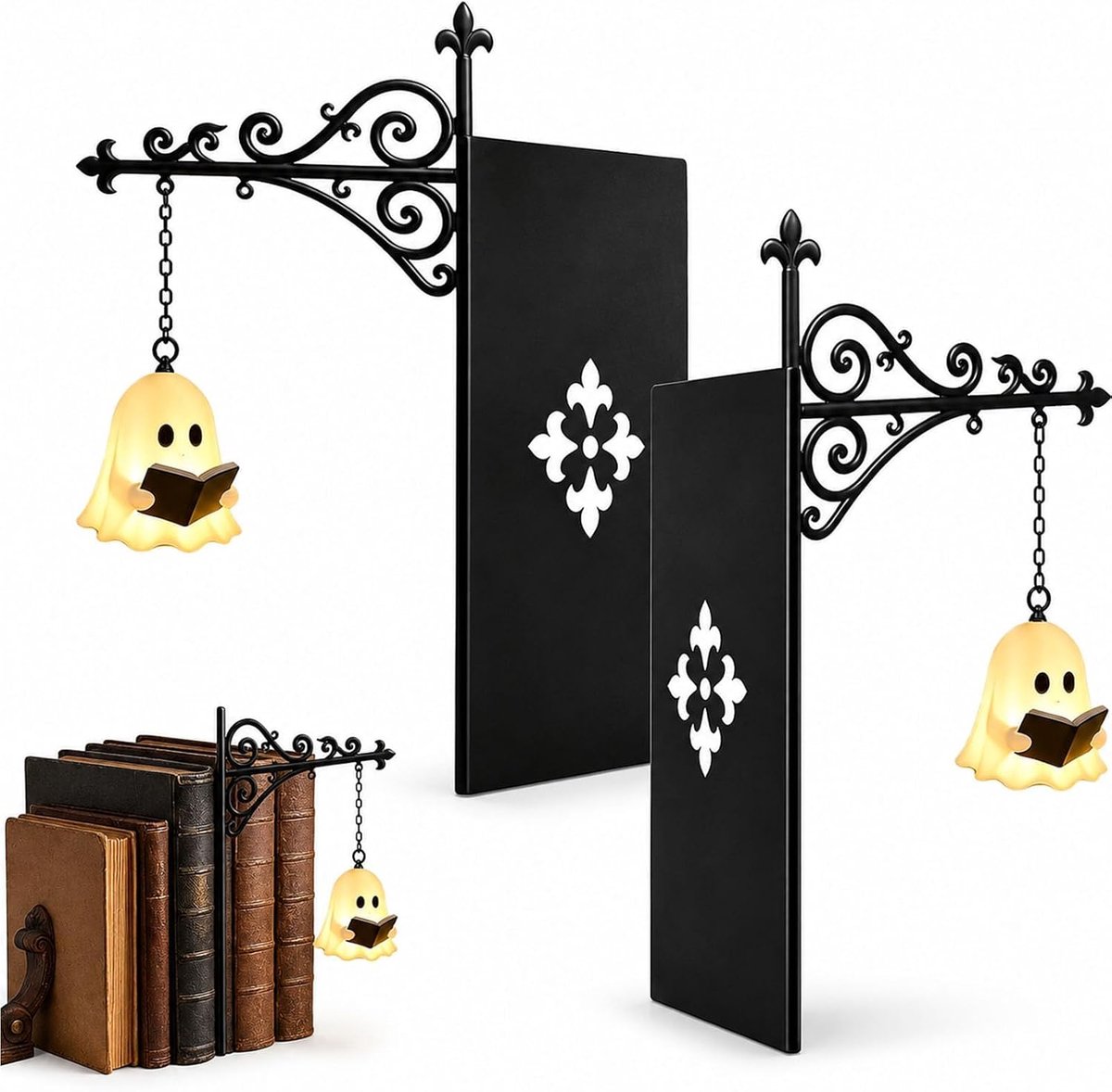 KZQ Decoratieve Boekenplankverlichting, Vintage Houten Bureaulamp, Rustieke Tafellamp, Verlichting Voor Boekenkast En Buro, Set Van 2 Kleine Spookfiguren