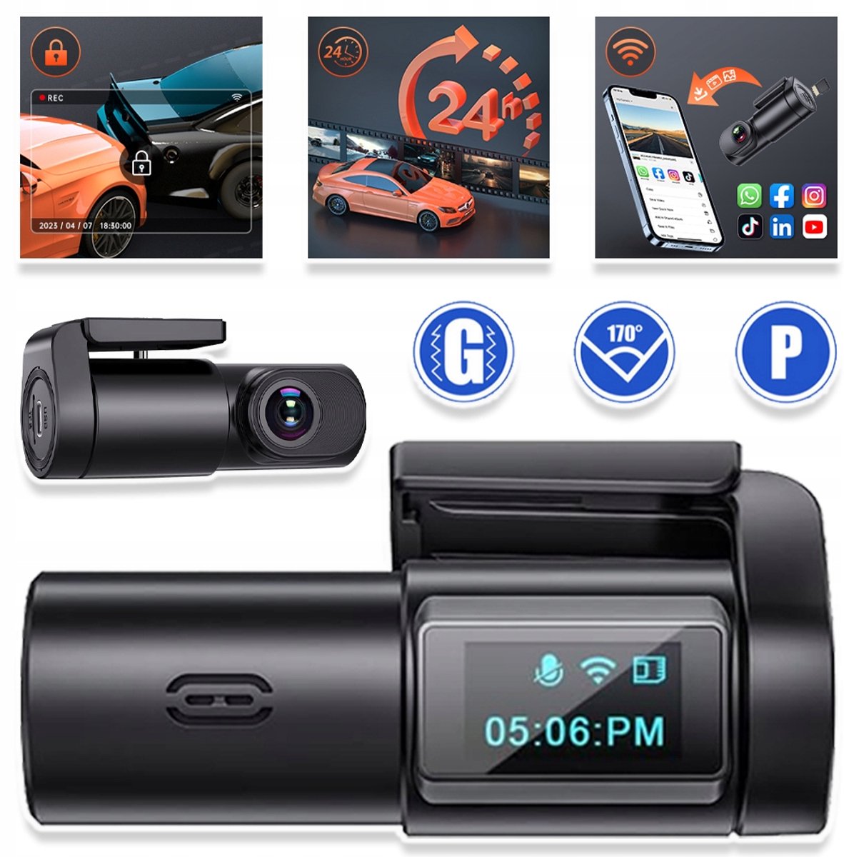 1080P WiFi-Dashcam Met 0,96 Inch Display En 170° Ultragroothoeklens - Nachtzicht WDR G-Sensor App-Bediening Loopopname 24-Uurs Parkeermodus - Zwart