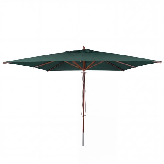 Donkergroene vierkante parasol met houten frame, geopend.
