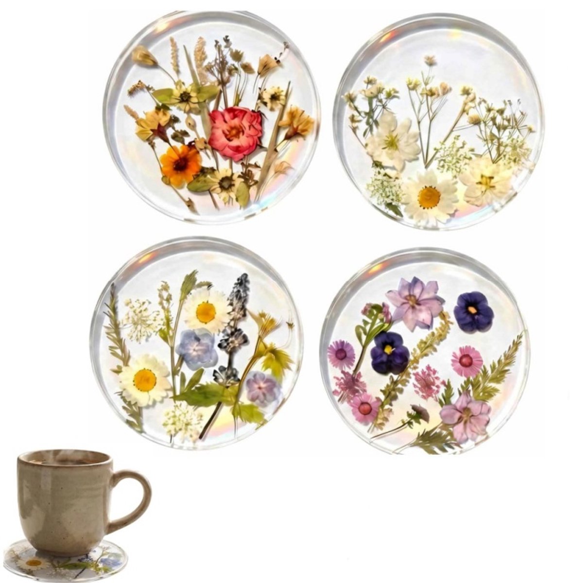 4 Stuks Ronde PVC Onderzetters met Wilde Bloemen Motief - Transparante bekeronderzetters voor drinkglazen, Warmtebestendig & Vlekbestendig - Esthetische decoratie voor woonkamer en kantoor, perfect cadeau voor bruiloft en huiswarming