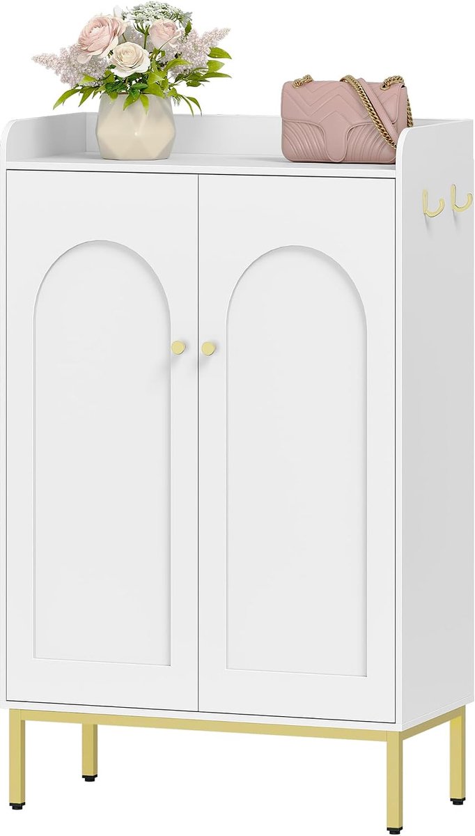 HILINSIE 5-laags schoenenkast, 16-20 paar, 36×74×115 cm, wit, verstelbare planken, gouden handgreep, vrijstaand, voor entree, hal, kledingkast