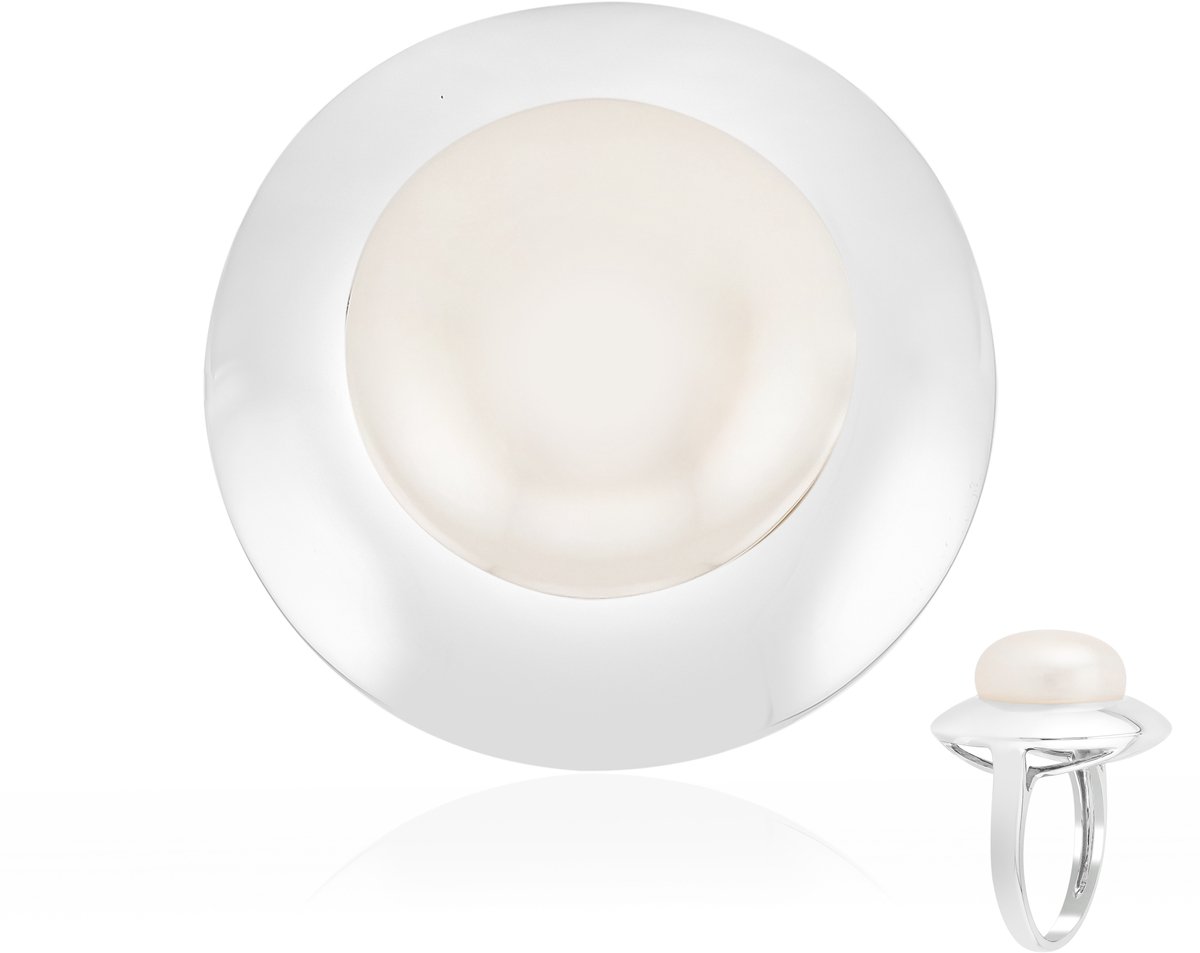 Cavill - Zilveren ring met witte zoetwaterparel - 925 sterlingzilver - Gerhodineerd - Rond geslepen 12 mm - Tijdloos elegant dames sieraad