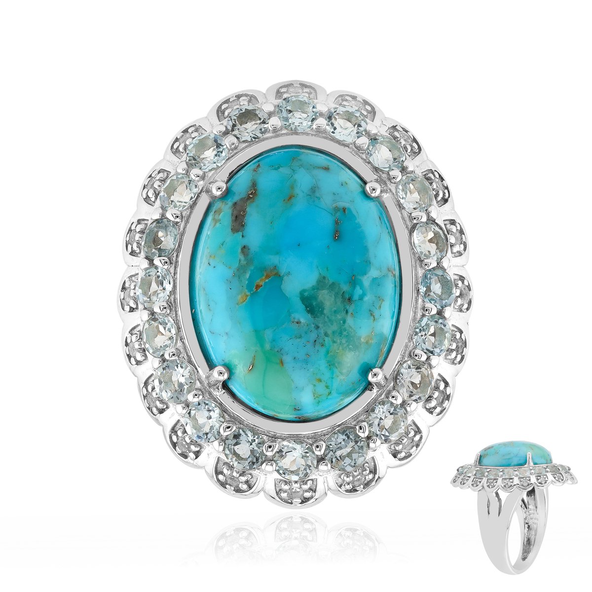 Cavill - Zilveren ring met blauwe Kingman Mohave turkoois ovaal cabochon 5,994 ct - 925 sterling zilver - topaas pavé - elegante damesring