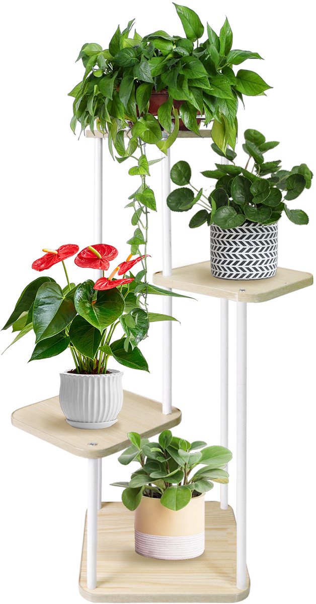 PIPIPOXER Plantenrek - Plantenstandaard - Plantenrekken - Plantentafeltje voor binnen - Plantentafel - Planten rek -Met 4 lagen - Plantentrap / Bloemenrek – Hoogte 80 cm- Wit