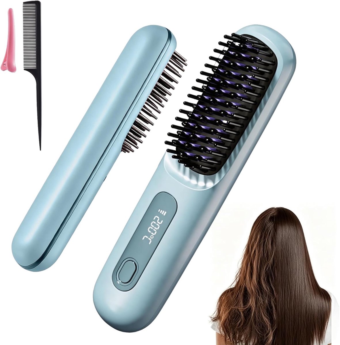 Draadloze stijltangborstel, mini-stijltang met 3 temperatuurstanden, draagbare stijltangborstel met MCH-verwarming en ionische & keramische verzorging voor vrouwen, stylingtool voor op reis (blauw)