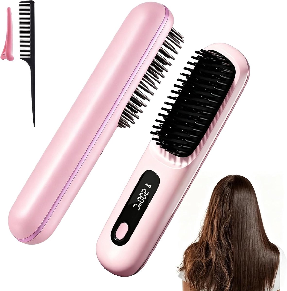 Draadloze stijltangborstel, mini-stijltang met 3 temperatuurstanden, draagbare stijltangborstel met MCH-verwarming en ionische & keramische verzorging voor vrouwen, stylingtool voor op reis (roze)