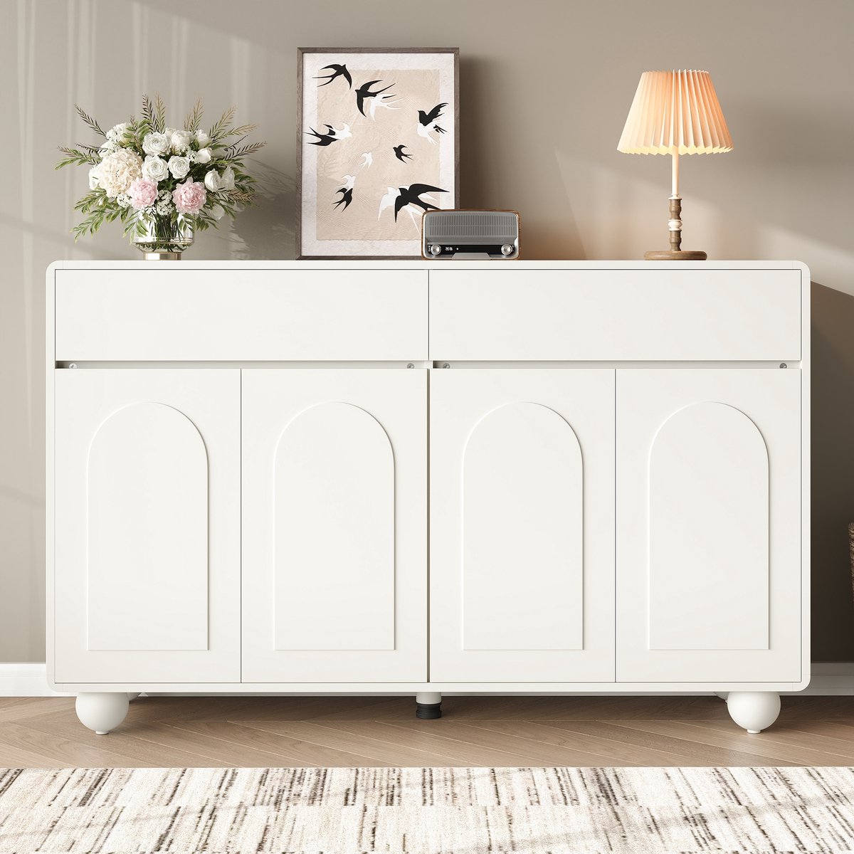 VVBV Dressoir - 140 x 38 x 89 cm, Wit, met 2 Lades en 4 Deuren, Verstelbare Planken, Metalen Poten, MDF & Spaanplaat