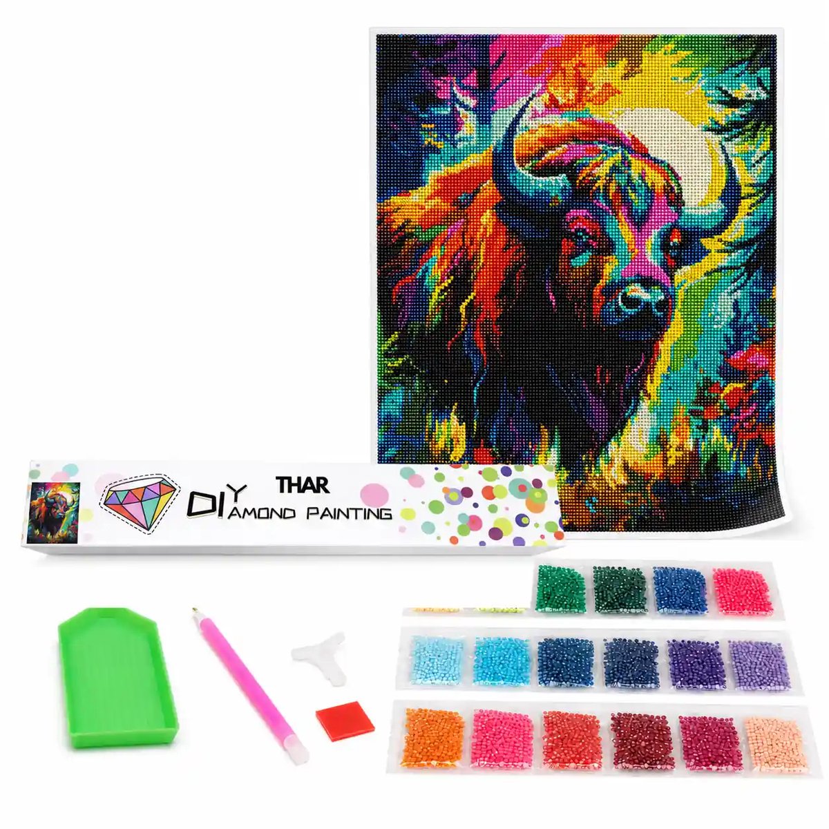THAR Diamond Painting Kleurrijke Bizon - 40x50 cm - Ronde Steentjes