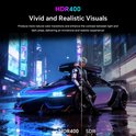 Vergelijking HDR400 en SDR beeldkwaliteit met futuristische auto en neonverlichting in een stedelijke, regenachtige nacht.