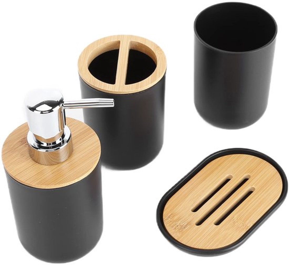 Badkameraccessoireset 4-delig - Tandenborstelhouder - Zeepbakje - Lotiondispenser - Beker - Kunststof/bamboe - Badkamer Set