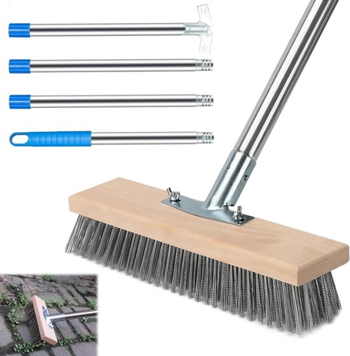 Draadborstel met Handvat, 160 cm, RVS Borstel voor het Verwijderen van Mos, Onkruid en Vlekken in Tuin en Terras