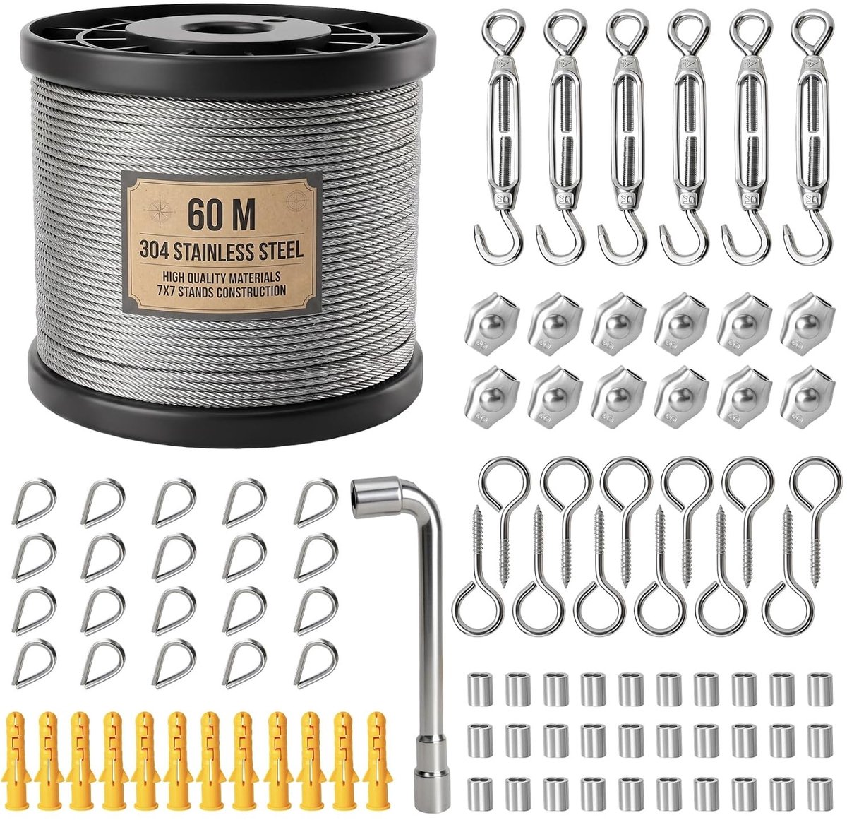 Staalkabel Set - 2 mm - 60 m - Roestvaststaal met PVC-Coating - Voor Tuin en Klimplanten