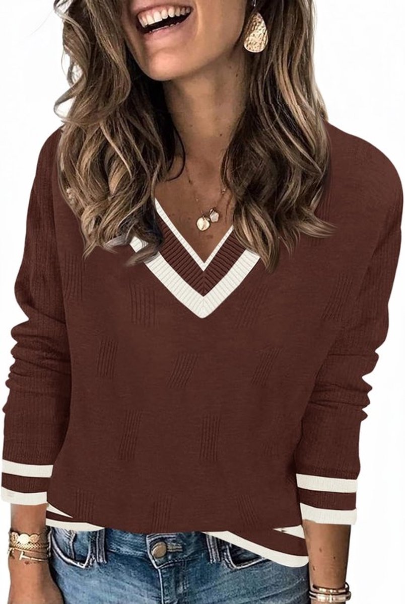 Damestrui V-hals - Gebreide Trui - Lange Mouwen - Casual - Elegant Contrastdesign - Flatterende Pasvorm