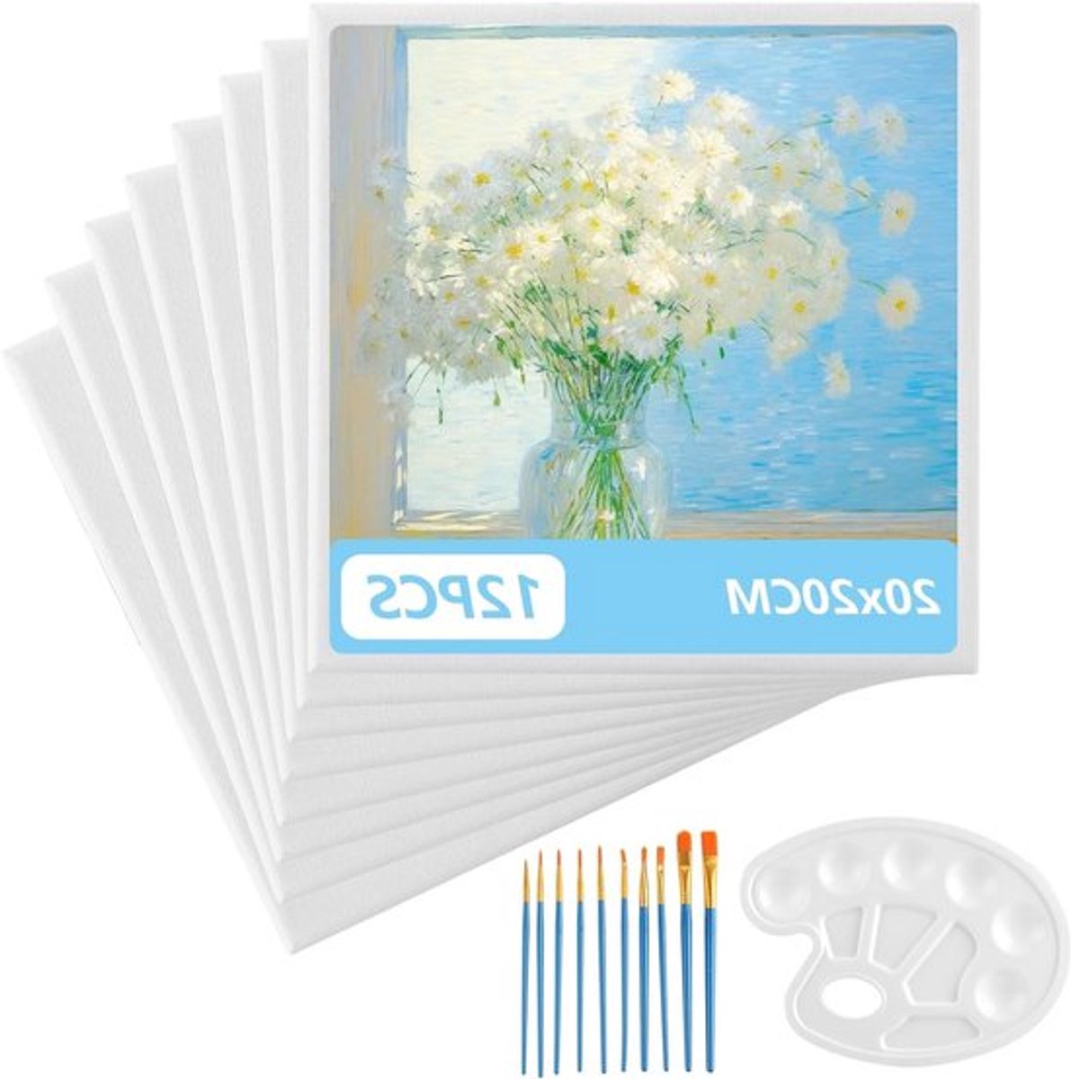 Set van 12 Schilderdoeken 20 x 20 cm voor Acryl- en Olieverf, Inclusief Kwast en Palet, Ideaal voor Schilderen en Tekenen