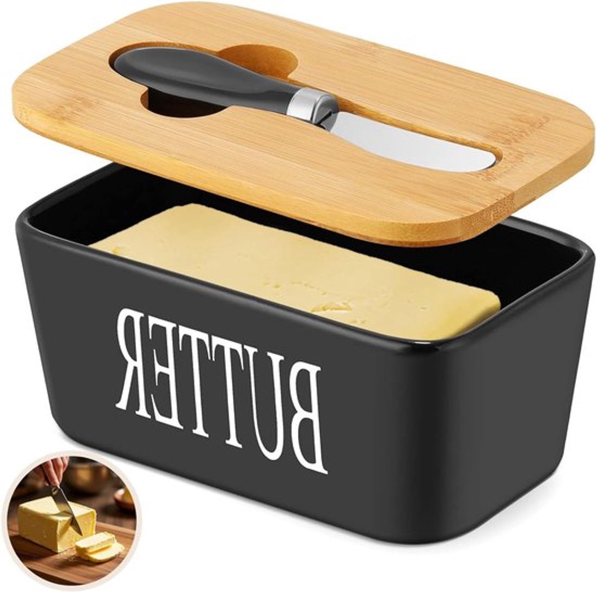 Multifunctionele Botervloot van Porselein met Houten Deksel en RVS Mes - Grote Keramische Botervorm met Siliconen Sluiting voor de Keuken, Ideaal voor Bewaren en Serveren van Boter