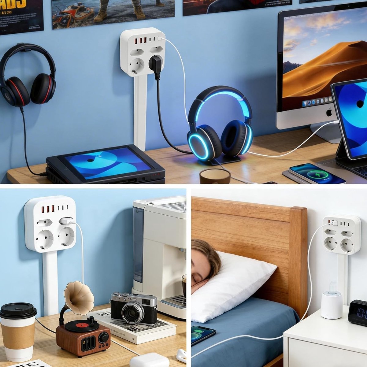 Uittrekbare Stekkerdoos - Wit - 47-67 cm - Met 4 Stopcontacten en 3 USB Poorten - Voor Thuis en Kantoor