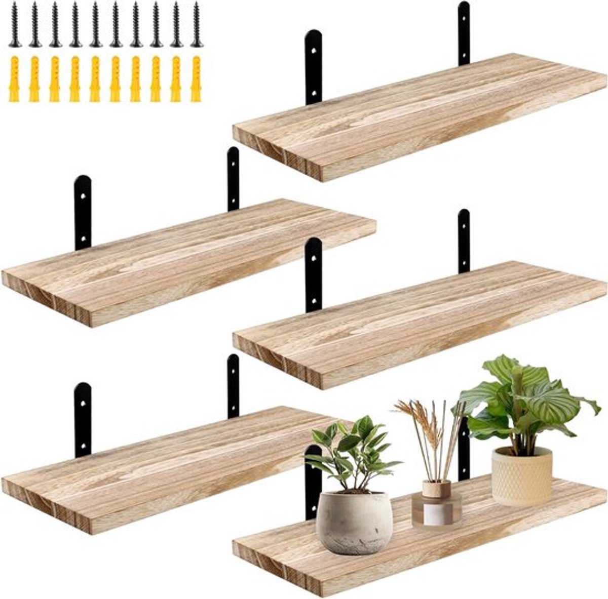 Set van 5 drijvende planken met draadmanden, wandplanken van hout voor opbergruimte in slaapkamer, keuken en woonkamer