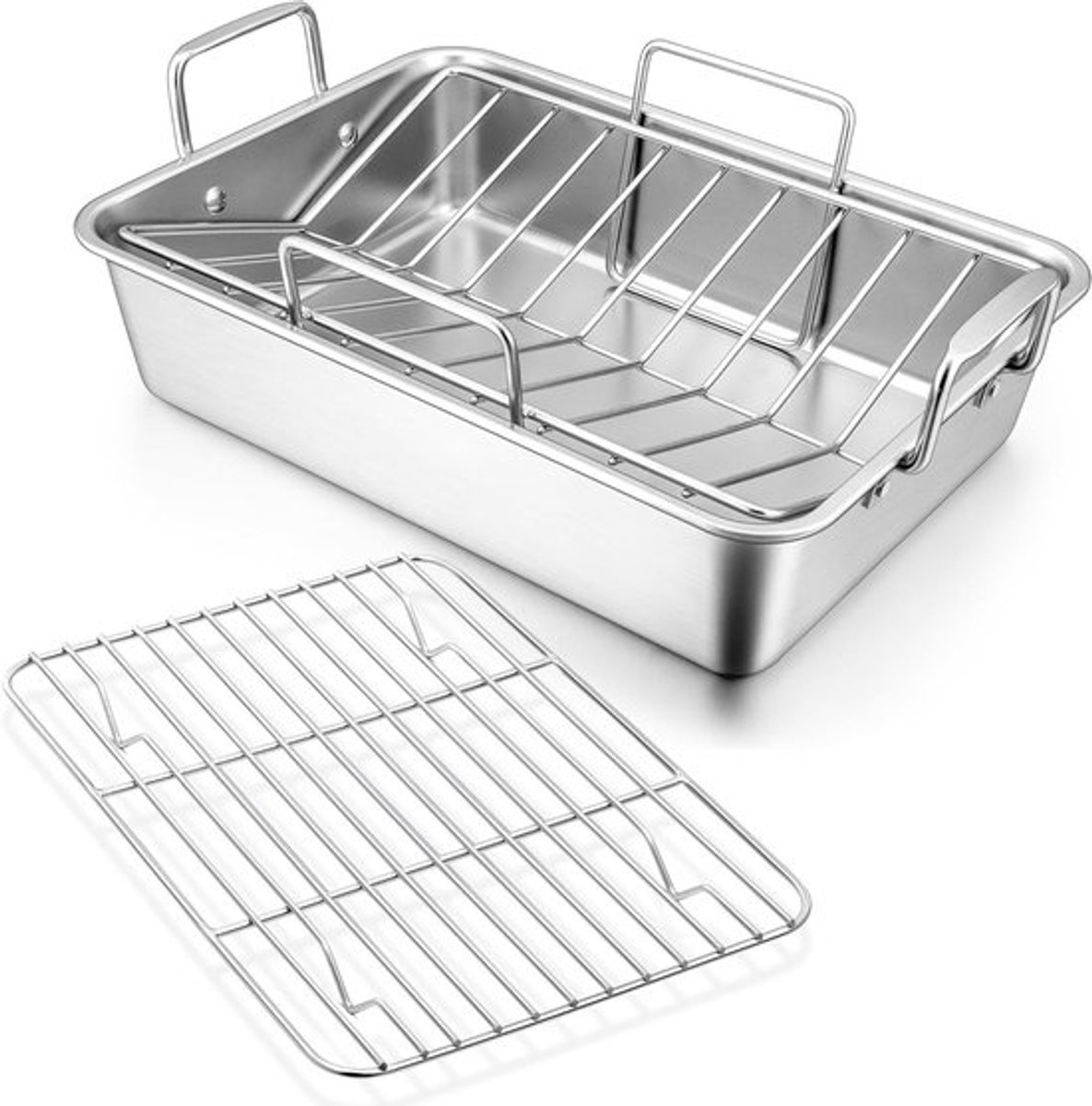Rechthoekige RVS-casserol met koelrooster en V-vormig rooster, set van 3 voor vlees, groenten en gerechten, ideaal voor feestdagen en koken